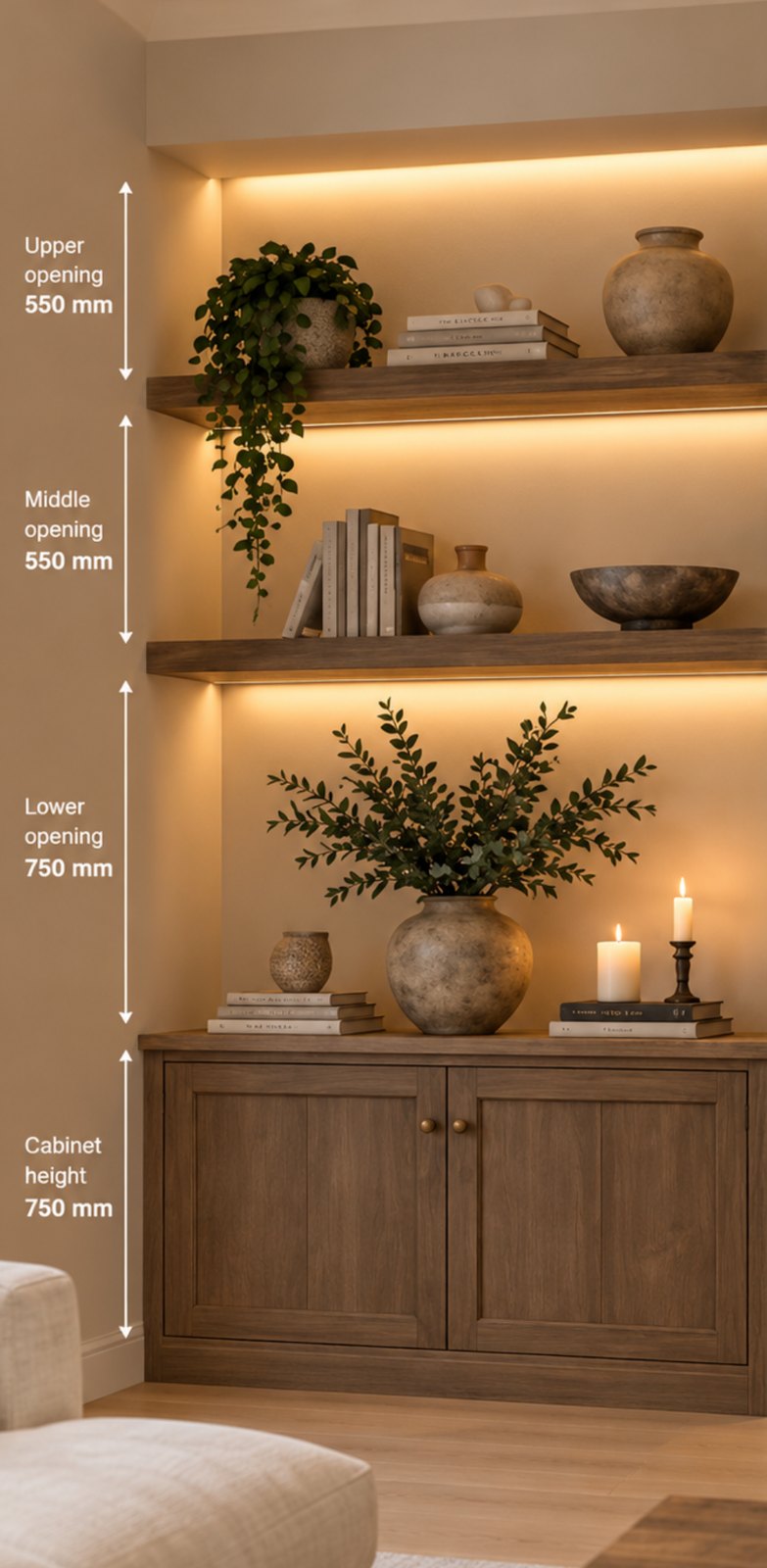 Measured plan for the alcove: 750mm cabinet, shelf openings of 750, 550 and 550mm, lit bulkhead
