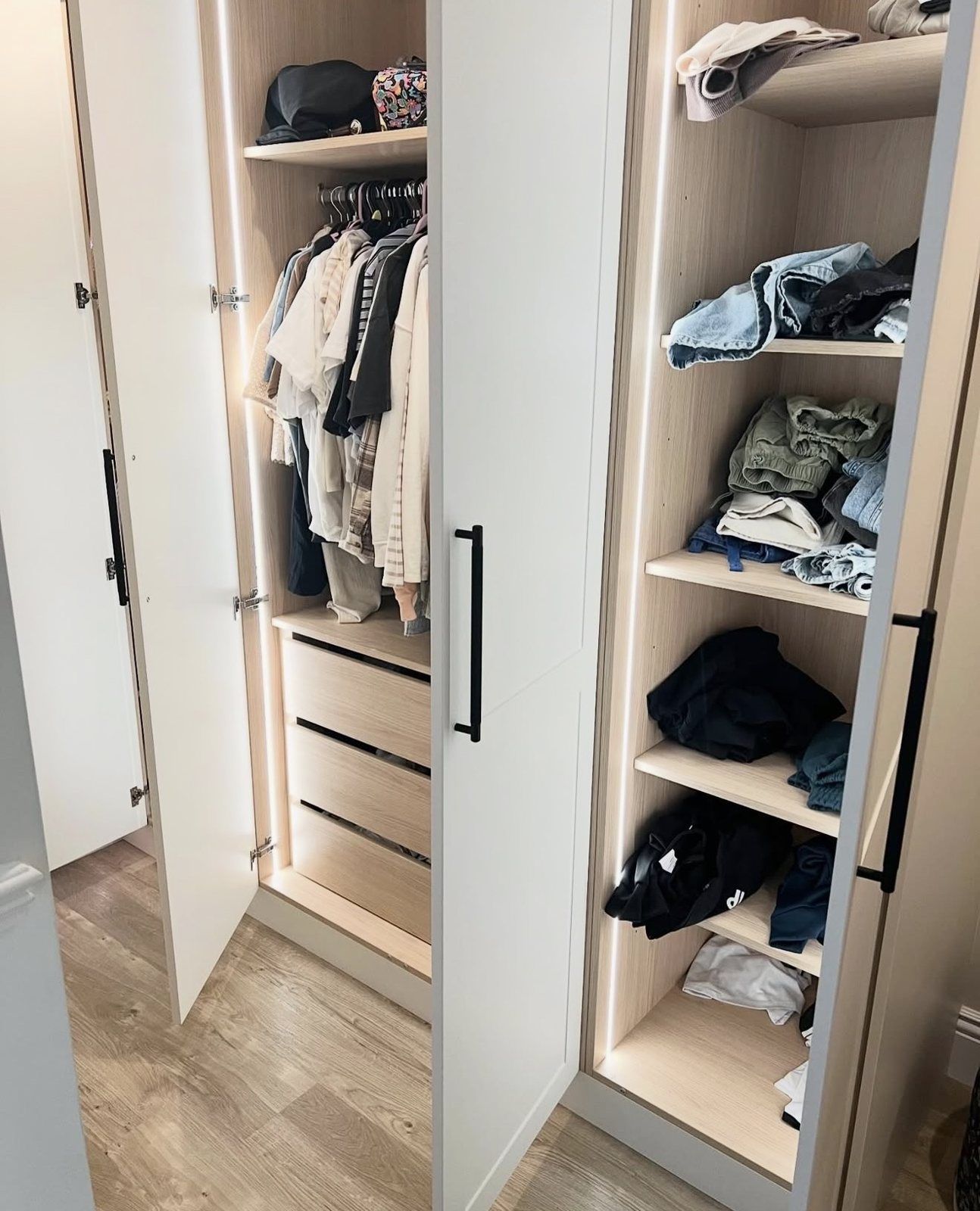 Oak interior wardrobe we fitted, lit by COB LED strips