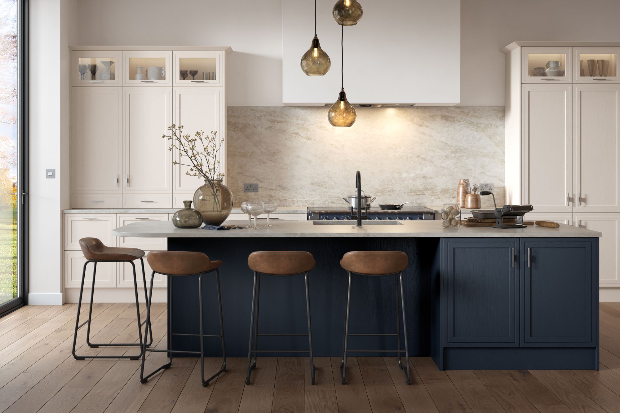 Arrington kitchen in Porcelain with an Indigo island