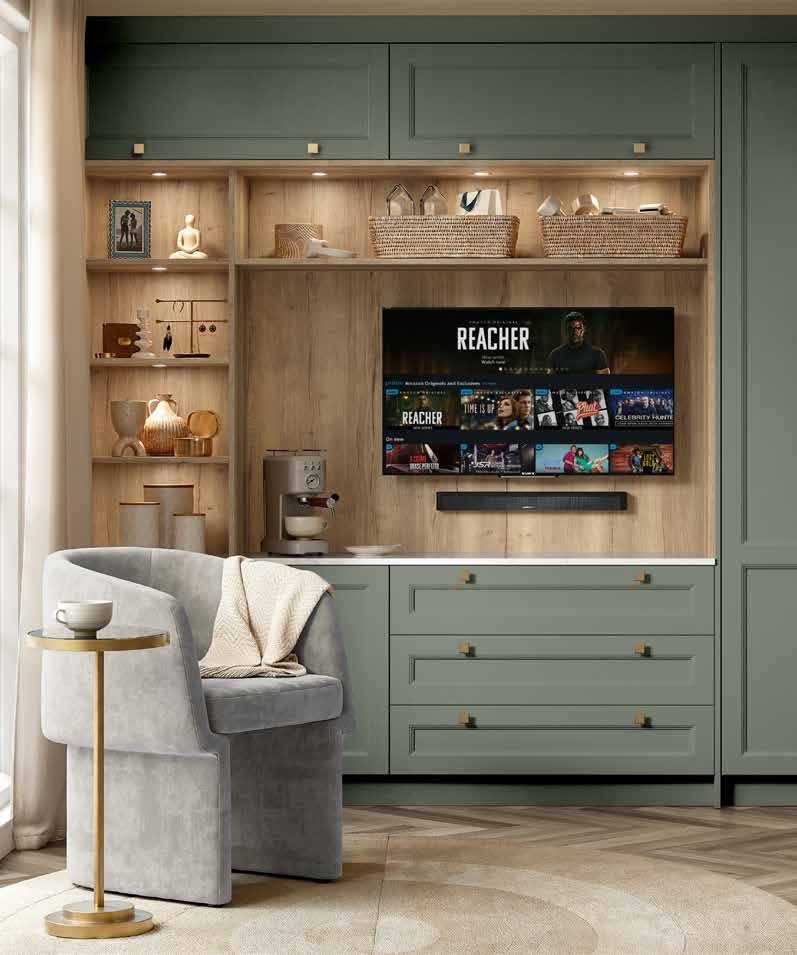 Classic TV and storage wall in Pembridge Reed Green shaker, with lit oak shelving around the TV