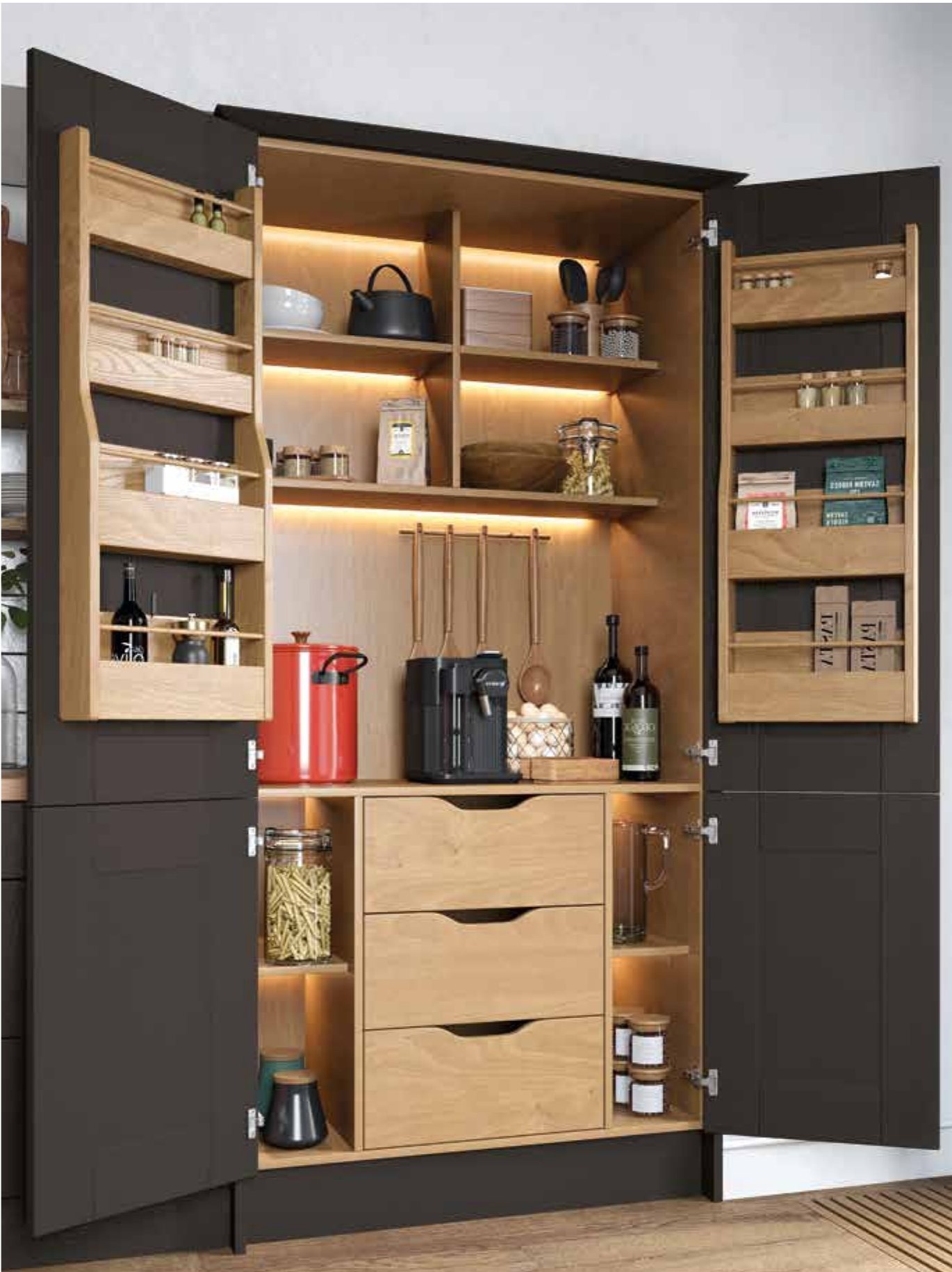 Butler's pantry with oak shelves and lighting
