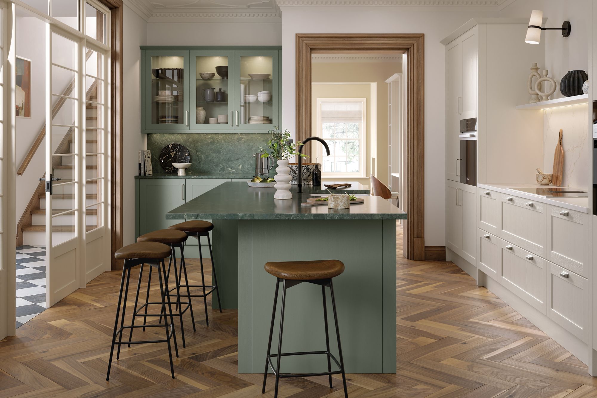 Aldana kitchen in Reed Green and Taupe Grey